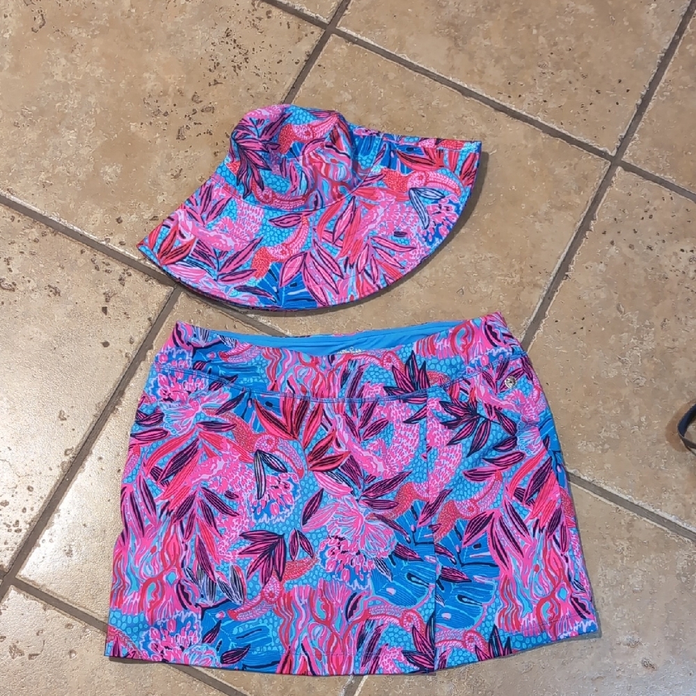 Lilly Pulitzer Pink and Blue Patterned Athletic Skort And Hat